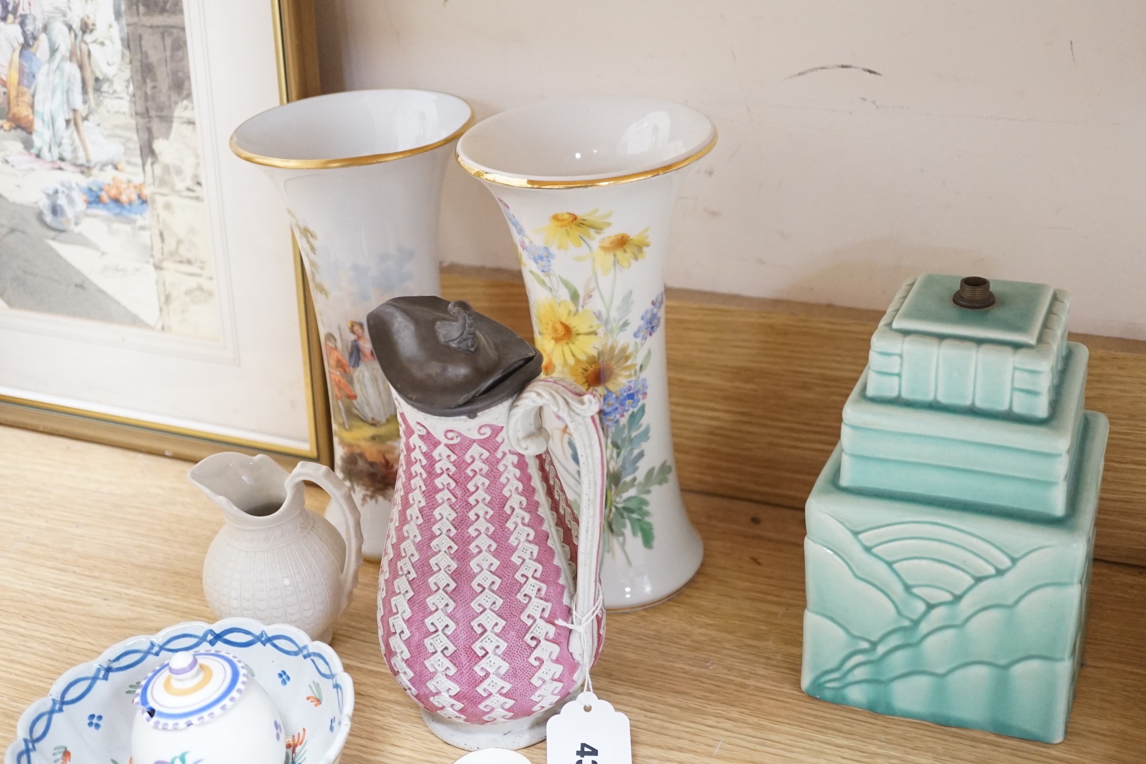 Two late 19th century Meissen waisted vases, 24.5cm one painted with a courting couple and flowers, the other with a floral bouquet together with a Wedgwood ‘June’ tile and other European ceramics